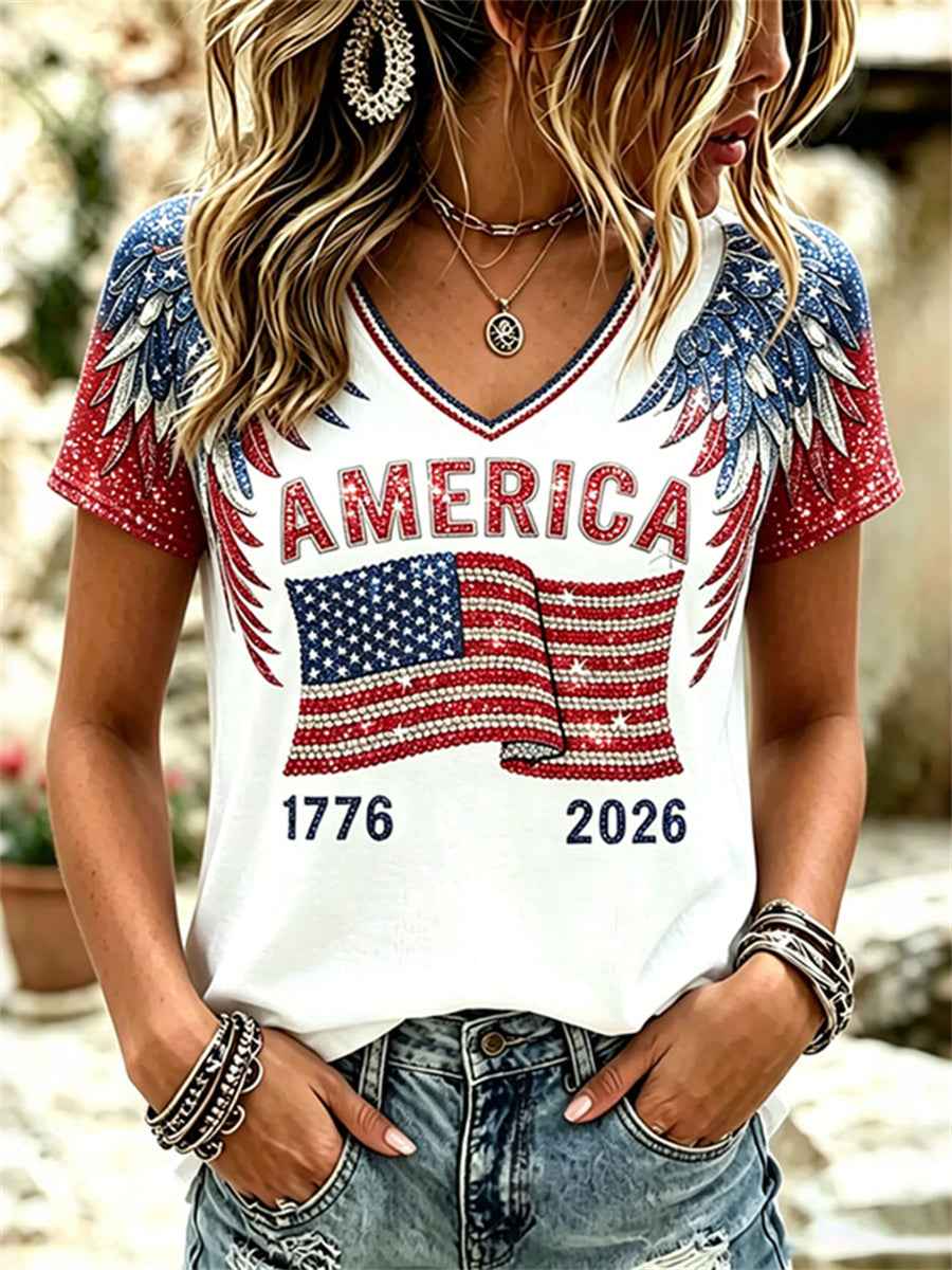 Women's America 1776-2026 Flag & Wings Glitter Print short-sleeved T-shirt