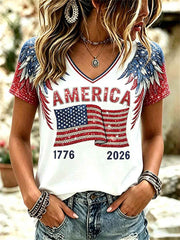 Women's America 1776-2026 Flag & Wings Glitter Print short-sleeved T-shirt