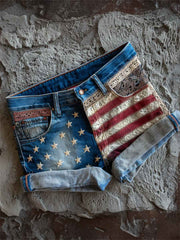 Women's Vintage American Flag Lace Art Print Denim Shorts