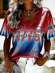 Women's Independence Day Red White Blue American Flag Art Print V-neck T-shirt gracestitchs