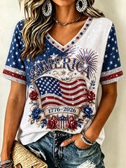 Women's America 1776-2026 Flag & Roses Print short-sleeved T-shirt gracestitchs