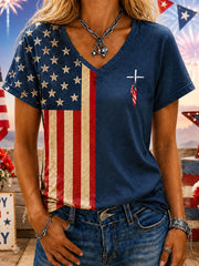 Women's Independence Day Cross Print Casual T-Shirt gracestitchs