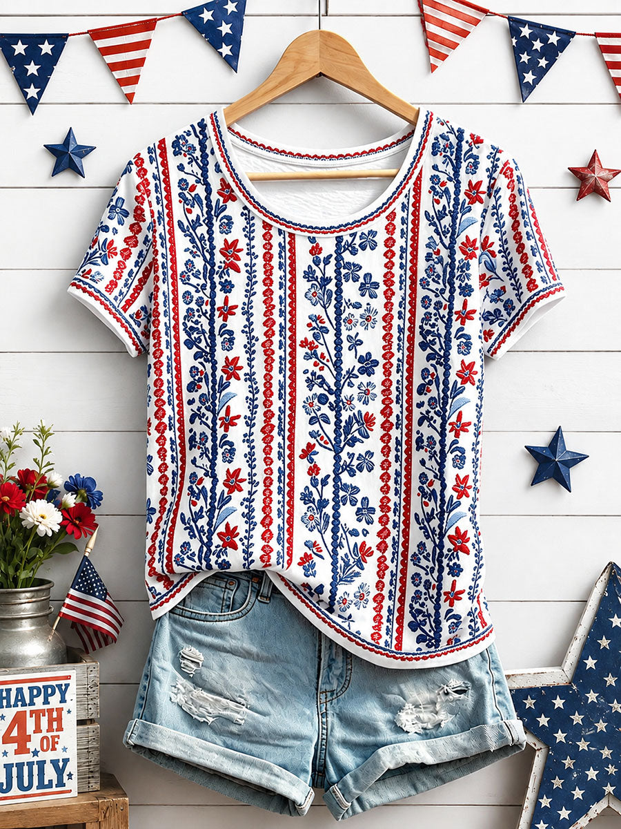 Women's Independence Day Floral Art Print Casual T-Shirt gracestitchs