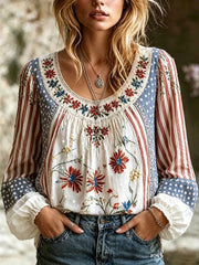 Women's America Floral Print Cotton-Linen Shirt gracestitchs