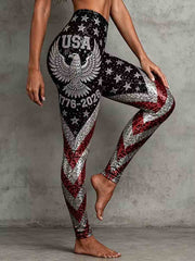 Women's Independence Day American Flag Stripes Art Print Leggings gracestitchs
