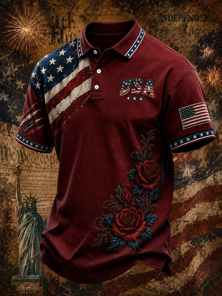 Men's Vintage Independence Day American Flag Art Print Casual Top gracestitchs