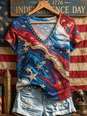 Women's Independence Day Red White Blue American Flag Art Print V-neck T-shirt gracestitchs