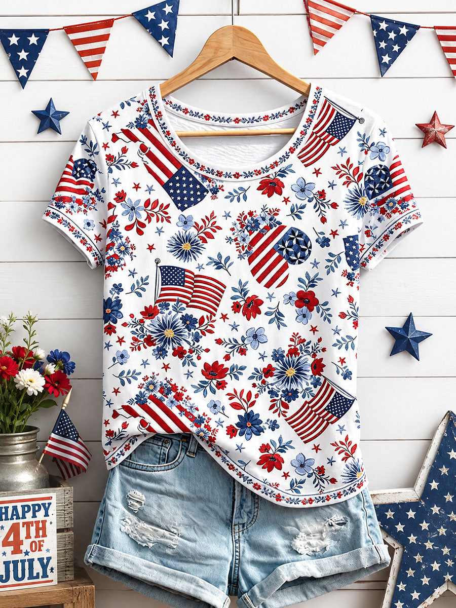 Women's Independence Day Floral Art Print Casual T-Shirt gracestitchs