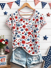 Women's Independence Day Floral Art Print Casual T-Shirt gracestitchs