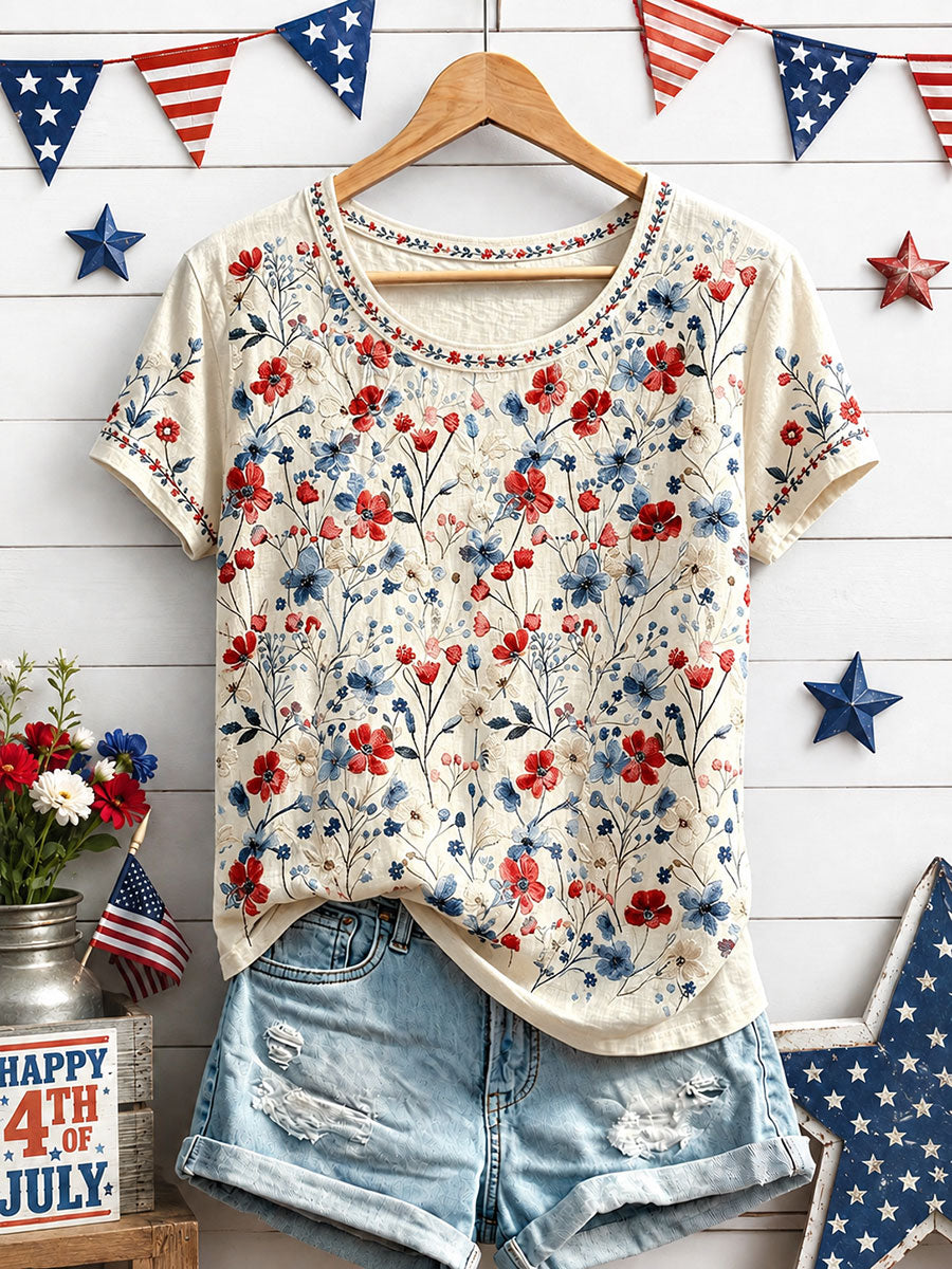 Women's Independence Day Floral Art Print Casual T-Shirt gracestitchs