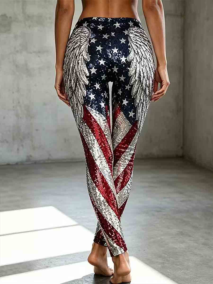 Women's Independence Day American Flag Stripes Art Print Leggings gracestitchs