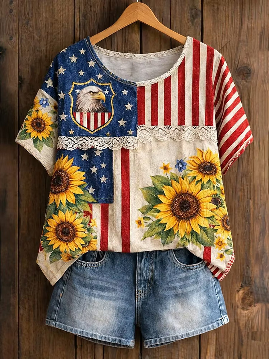 Women's America Floral Print Casual T-Shirt gracestitchs