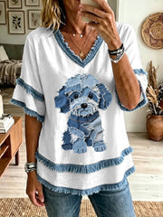 Women's Lovely Dog Denim Patchwork Art Tassel Top gracestitchs