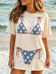 Women's America Stars and Stripes Bikini Print Beach Vibe T-shirt gracestitchs