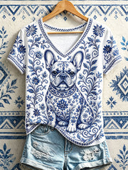 Women's French Bulldog Floral V-Neck T-Shirts gracestitchs