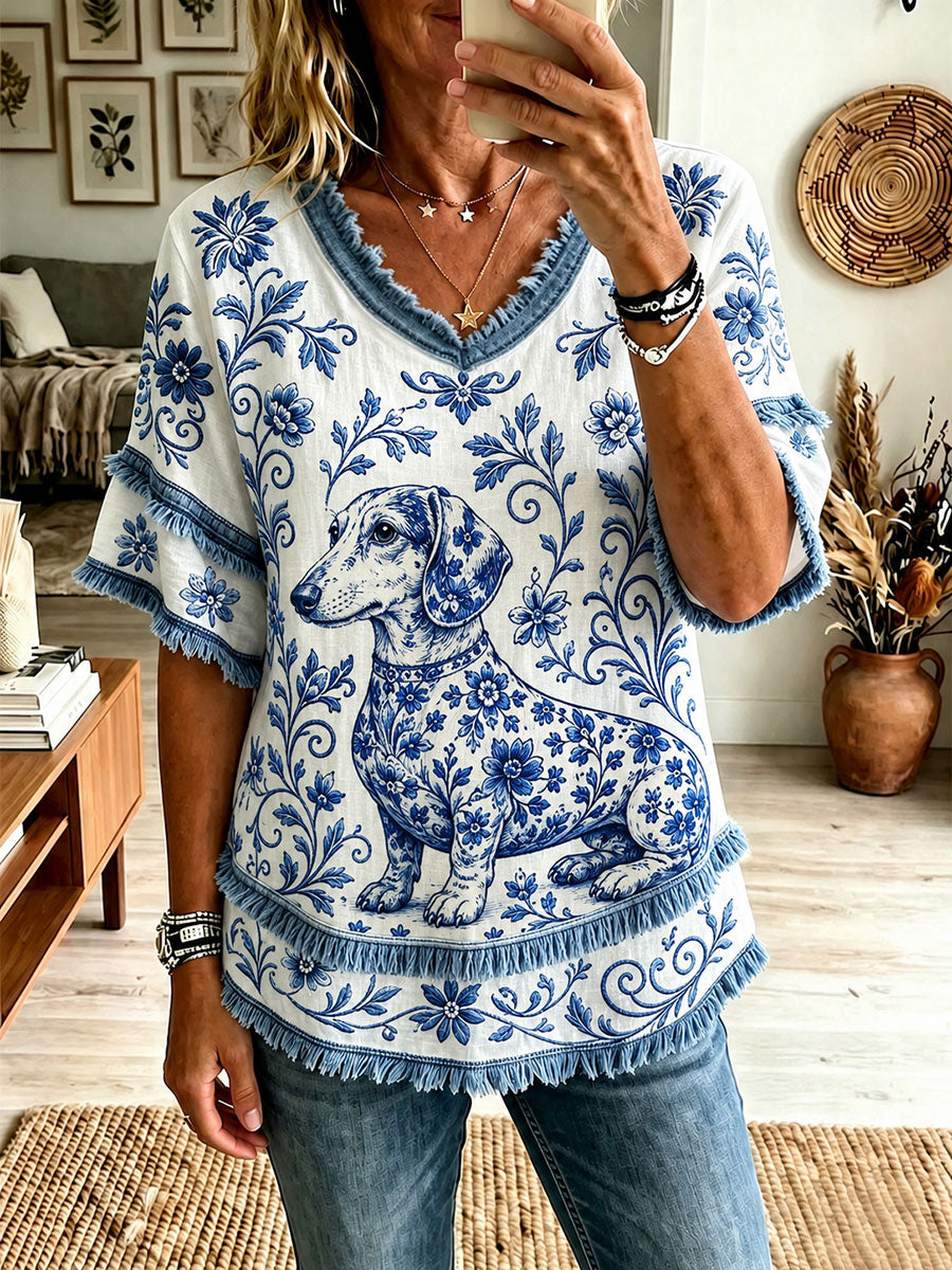 Women's Dachshund Floral V-Neck Tops gracestitchs