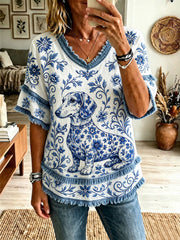 Women's Dachshund Floral V-Neck Tops gracestitchs