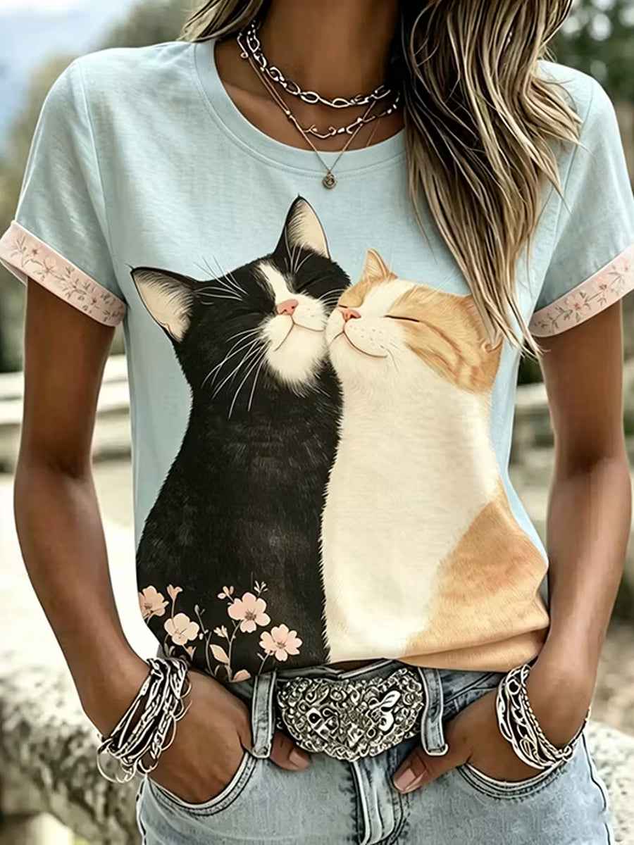 Women's Cute Cat Art Pattern Casual Short Sleeve T-shirt