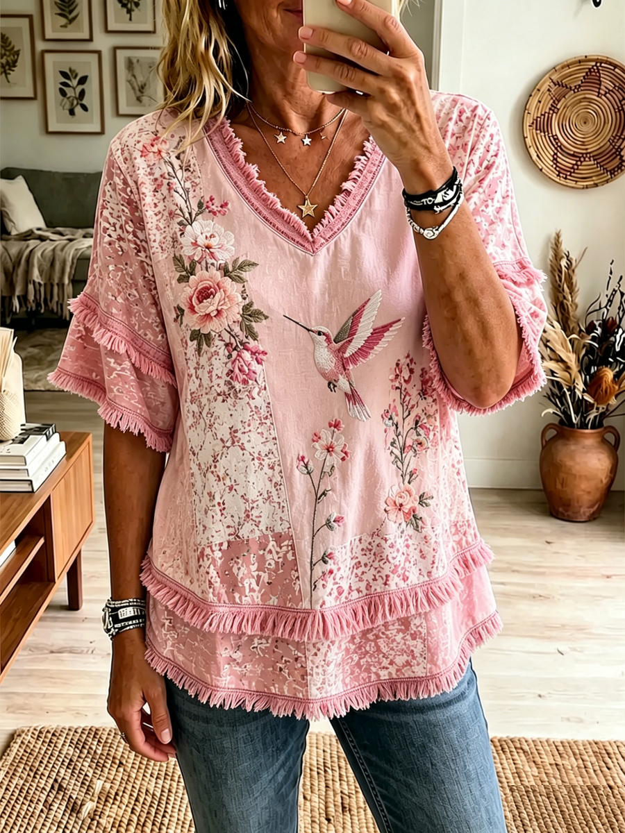 Women's Pink Botanical Floral Print Cotton-Linen Shirt gracestitchs