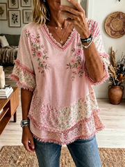 Women's Pink Botanical Floral Print Cotton-Linen Shirt gracestitchs