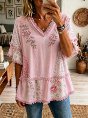 Women's Pink Botanical Floral Print Cotton-Linen Shirt gracestitchs