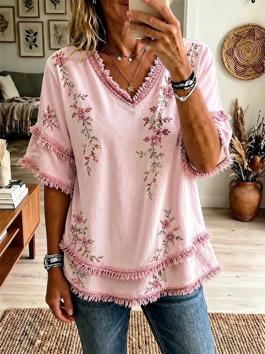 Women's Pink Botanical Floral Print Cotton-Linen Shirt gracestitchs