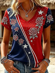 Women's America Floral Printed V-neck T-shirt