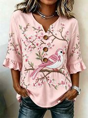 Women's floral print linen short-sleeved T-shirt gracestitchs