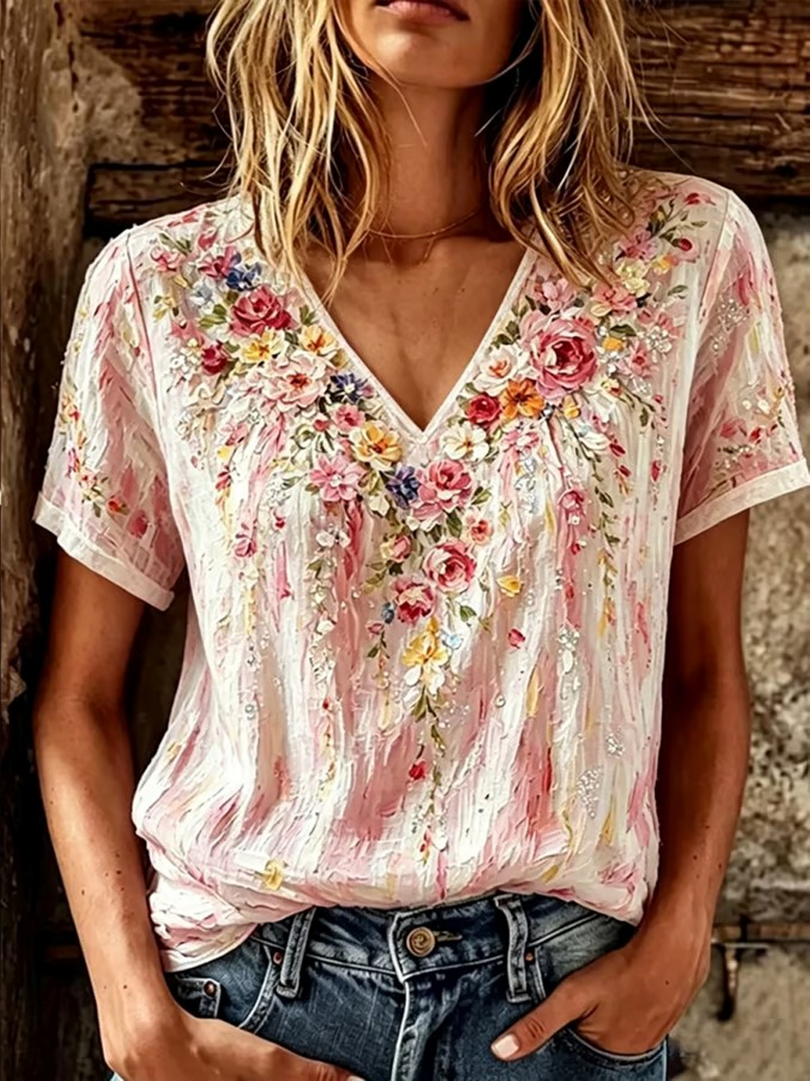 Women's floral print linen short-sleeved T-shirt gracestitchs