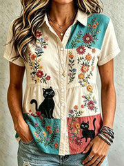 Women's Cat Art Print Casual Shirt