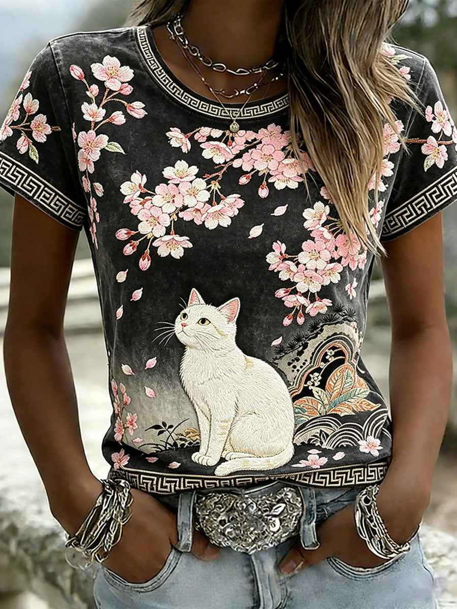 Women's Cute Cherry Blossom & Cat Art Print Short-sleeved T-shirt