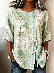 Women's Cat Art Print Casual T-Shirt