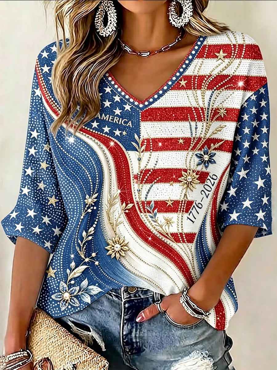 Women's Independence Day Flag With Florals Linen Short-sleeved Top