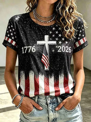 Women's Independence Day Flag Cross Art Short Sleeve T-shirt