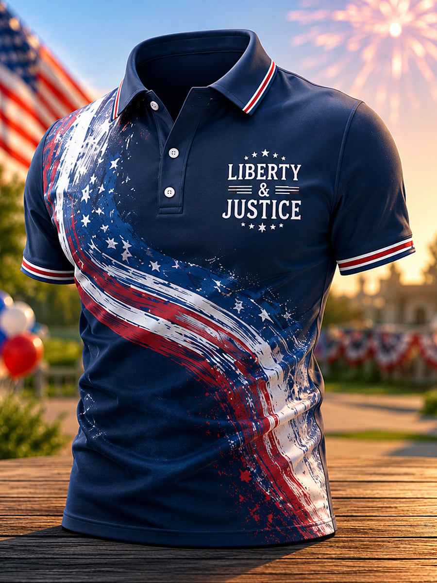 Men's Independence Day Liberty Justice USA Flag Print Casual Patriotic Polo