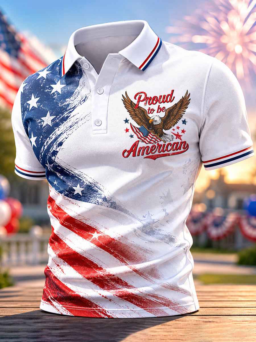 Men's Independence Day Proud To Be America USA Flag Print Casual Patriotic Polo