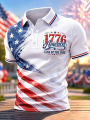 Men's Independence Day Land Of The Free USA Flag Print Casual Patriotic Polo