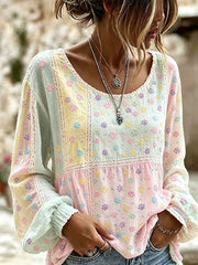 Women's Cute Cat Paws Colorblock Patchwork Print Cotton-Linen Shirt