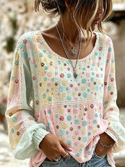 Women's Cute Cat Paws Colorblock Patchwork Print Cotton-Linen Shirt