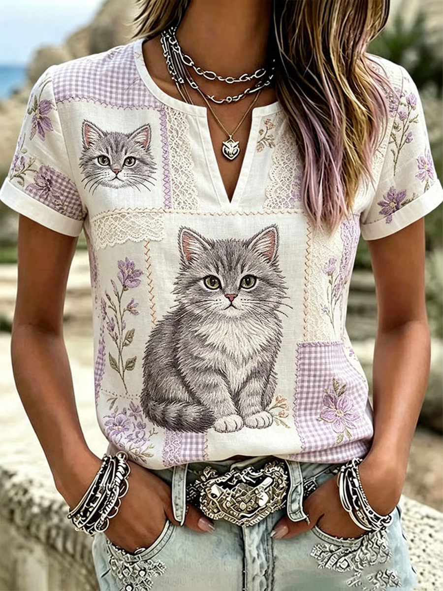 Women's Cute Cat Print Cotton-Linen Shirt gracestitchs