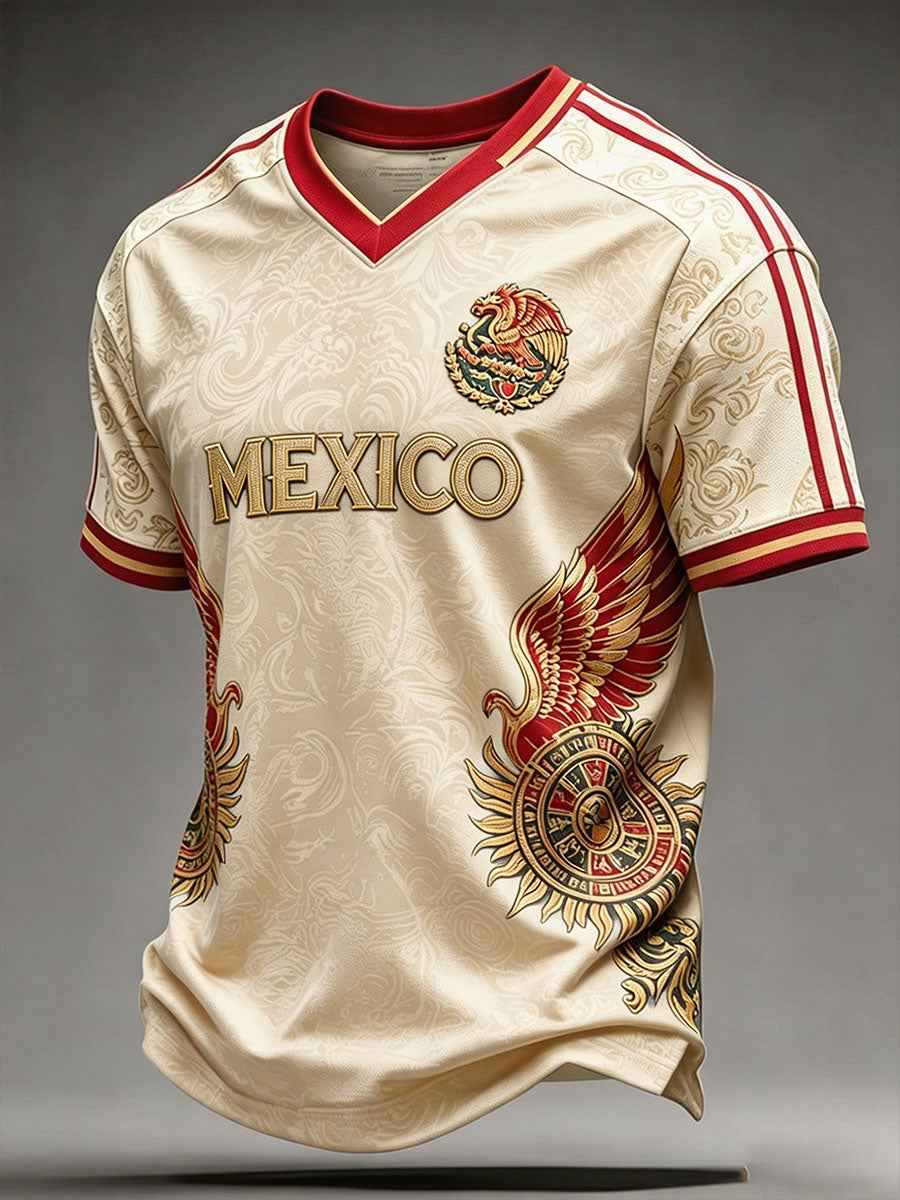 Men's Mexico Football Lover Printed V-neck T-shirt