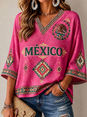 Women's Mexico Proud Art Printed Mid-length Sleeves V-Neck T-Shirt gracestitchs