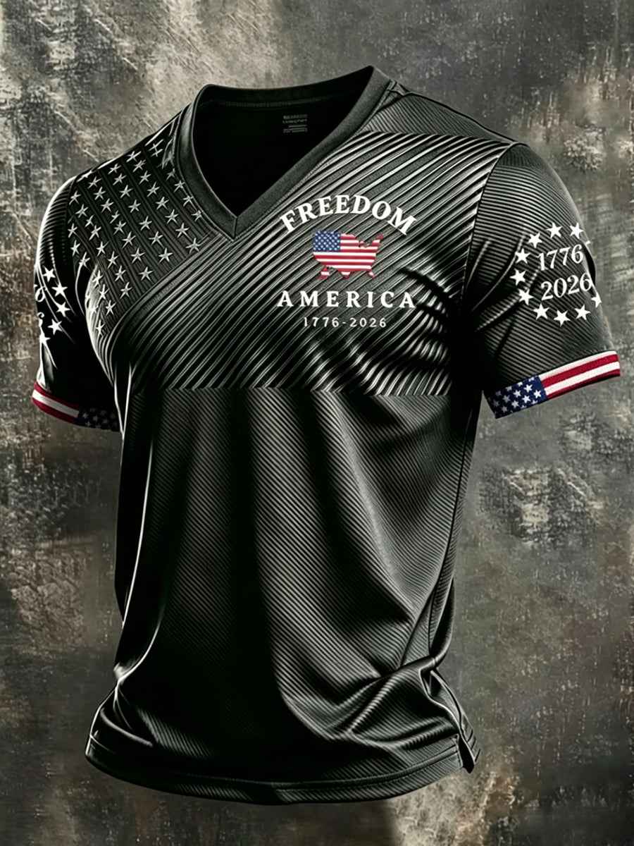 Men's Independence Day USA Flag Print Casual V-Neck Patriotic Tee