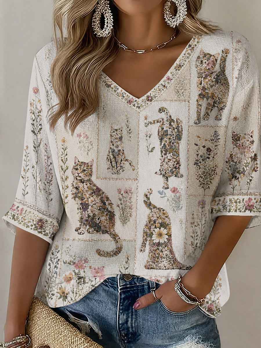 Women's Plants And Flowers Cute Cat Print Casual T-shirt