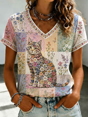 Women's Plants And Flowers Cute Cat Printed V-neck T-shirt