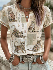 Women's Plants And Flowers Cute Cat Print V-Neck Casual T-Shirt