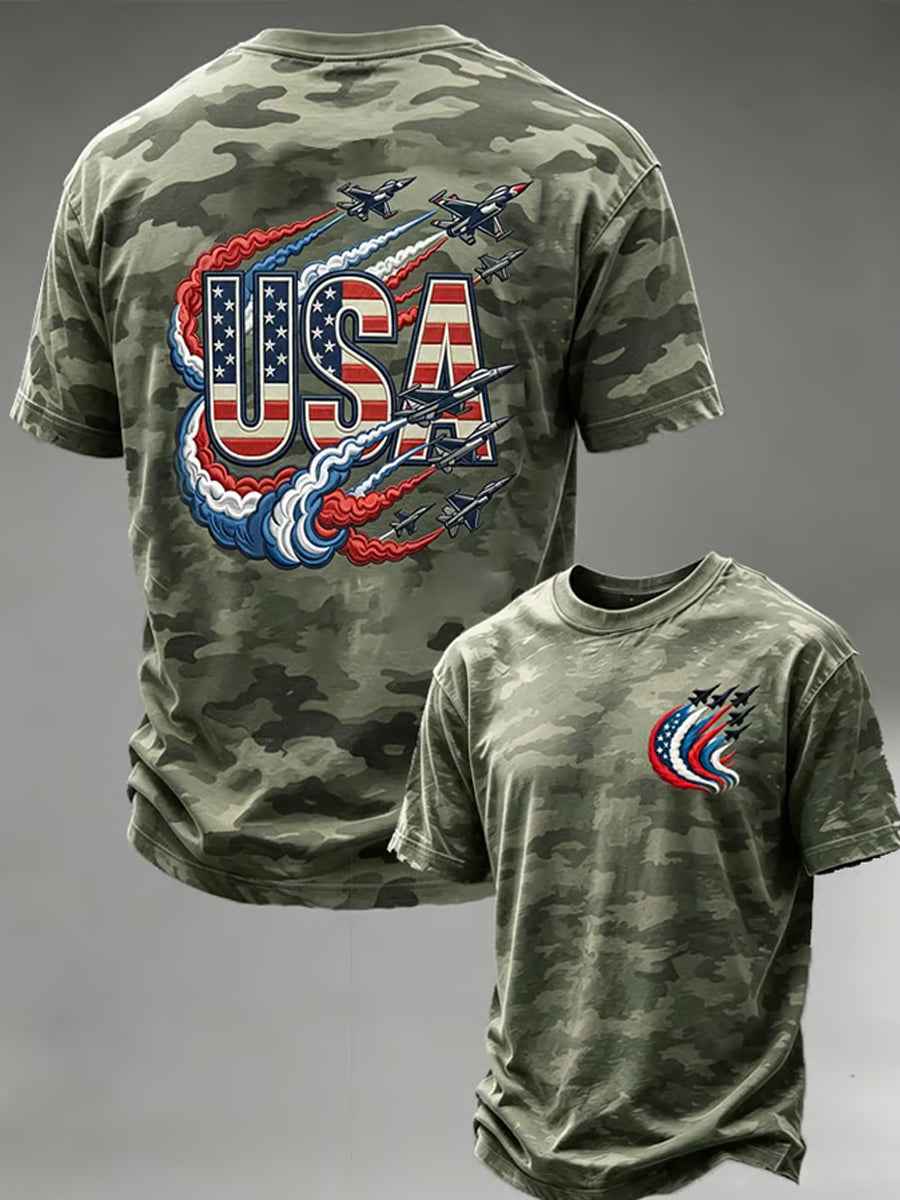 Men's Independence Day USA Flag Jet Print Casual Patriotic Tee