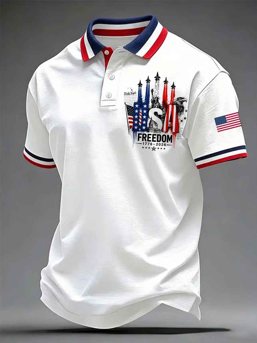 Men's Independence Day USA Flag Freedom Jet Print Casual Patriotic Polo