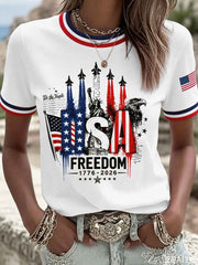 Women's Independence Day USA Flag Freedom Jet Print Casual Patriotic Tee