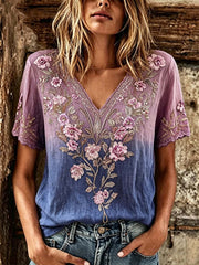 Women's plant and flower pattern printed gradient color casual cotton and linen T-shirt gracestitchs